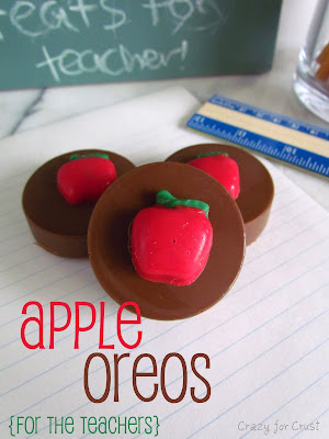chocolate covered oreos with a chocolate red apple and text on photo