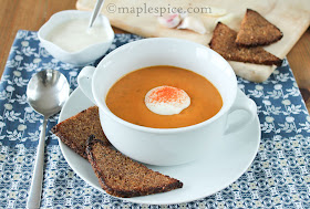 Creamy Smoked Paprika Sweet Potato and Dill Soup with Butter Grilled Garlic Rye Crisps