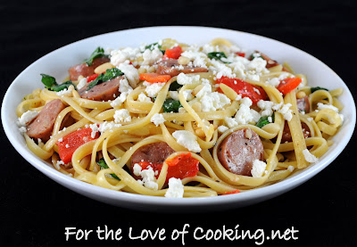 Linguine with Roasted Bell Peppers, Chicken Sausage, Spinach, and Feta