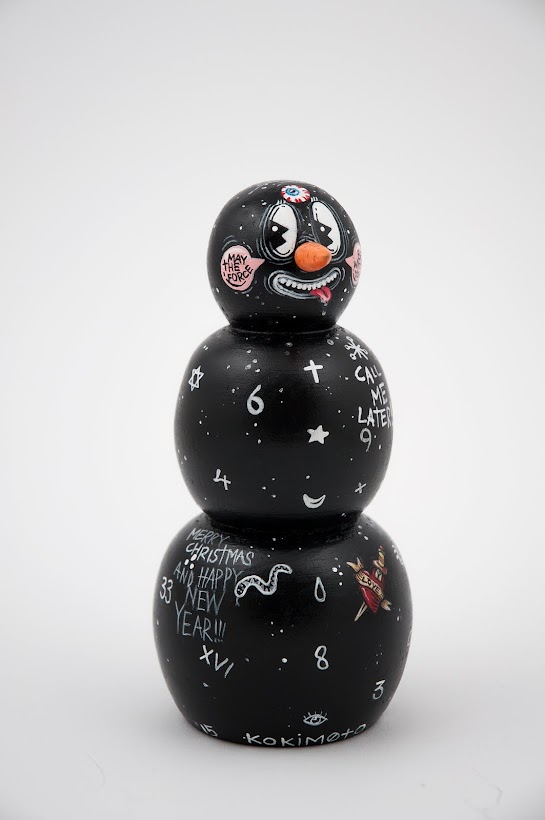 Retrograde snowman, 2015. One of a kind wooden sculpture, acrylic paint. Private collection