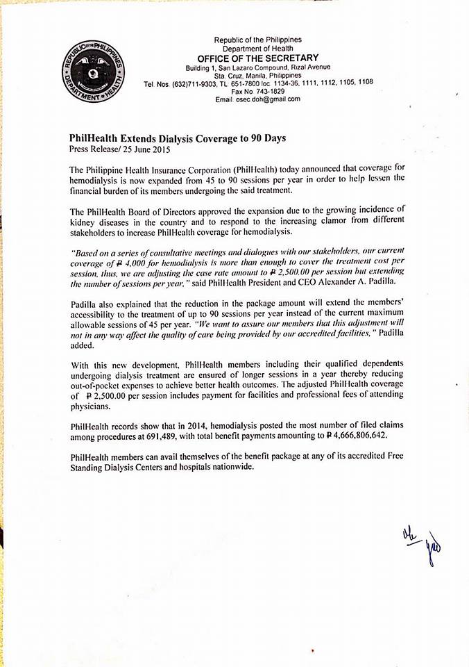 PHILHEALTH extends dialysis coverage to 90 days per year DEPED