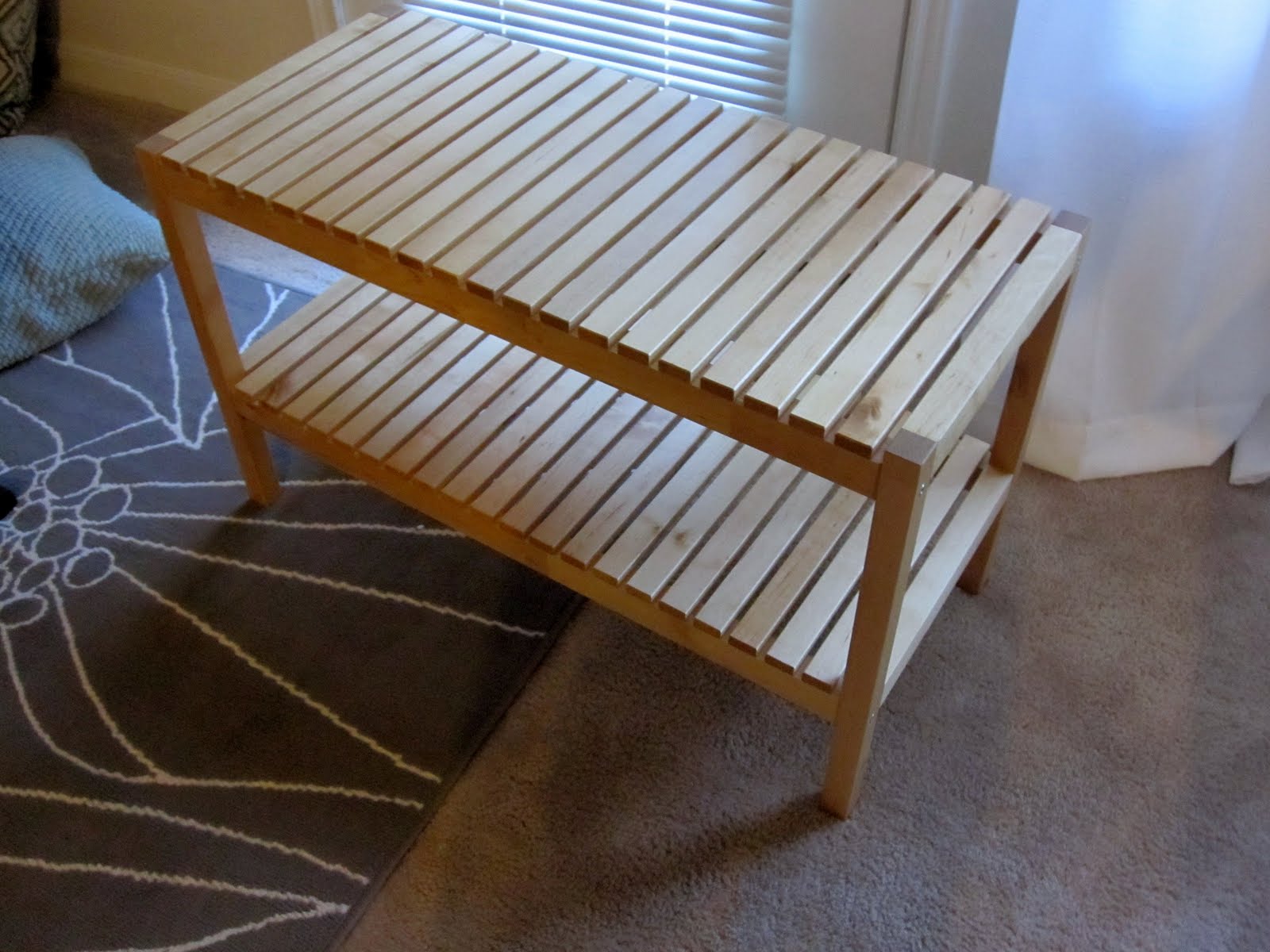 home, thrifty home IKEA shower bench turned shoe storage
