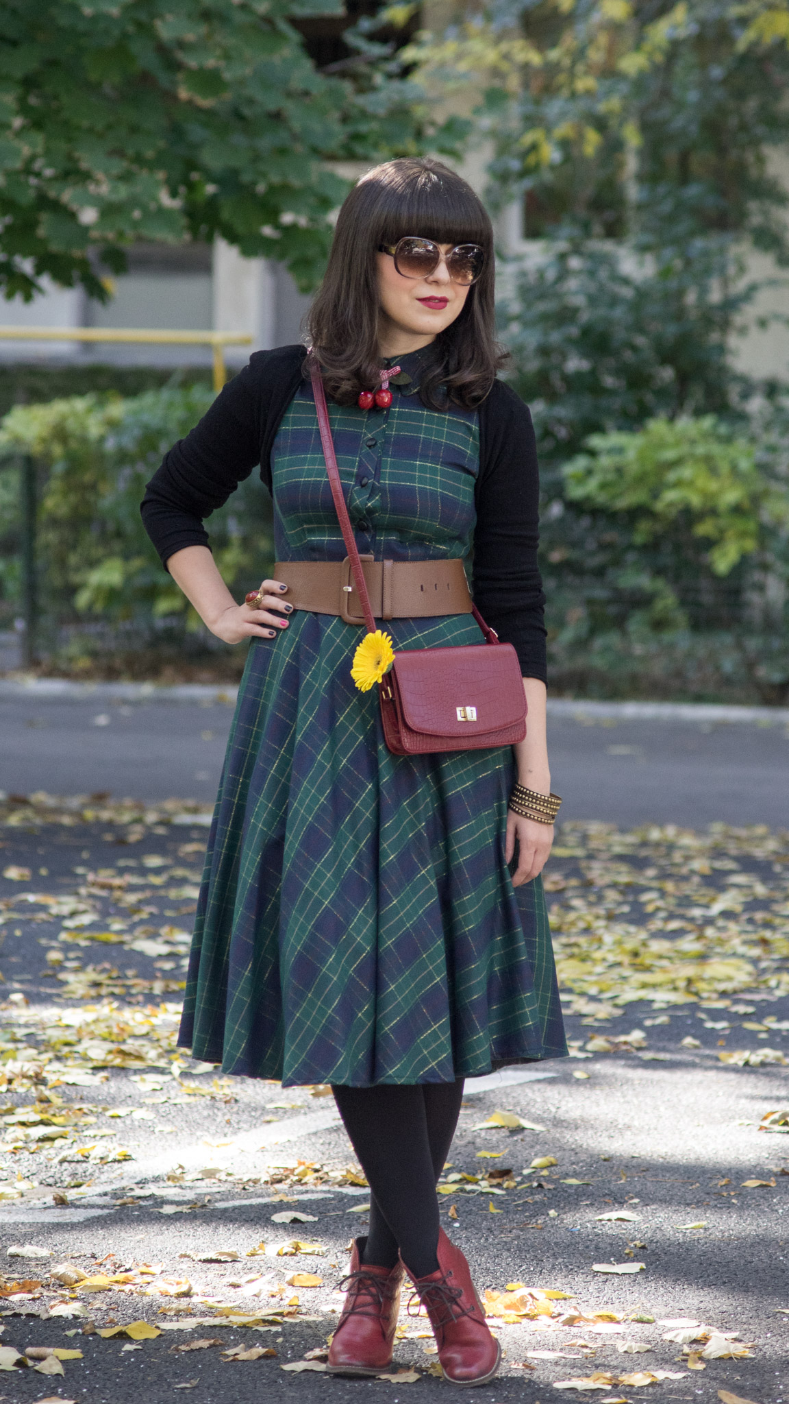 fall midi tartan dress burgundy boots bag koton brown belt cherries accessory yellow gerbera