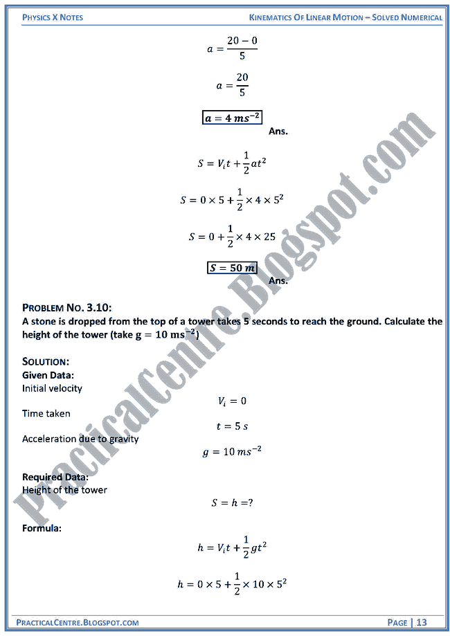 Kinematics Of Linear Motion - Solved Numerical -Examples & Problems - Physics X