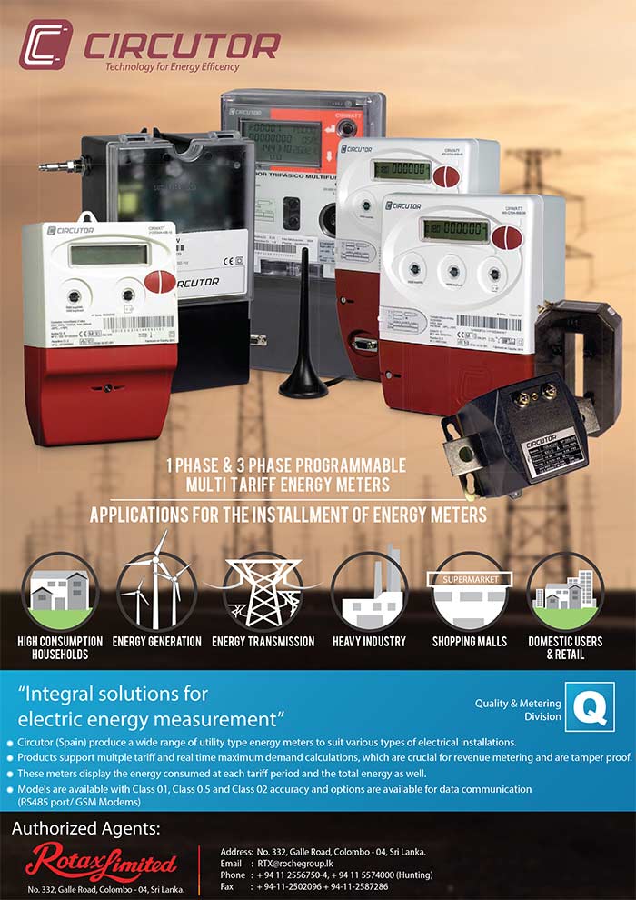 Circutor (Spain) produce a wide range of utility type energy meters to suit various types of electrical installations. Products support multple tari  and real time maximum demand calculations, which are crucial for revenue metering and are tamper proof. These meters display the energy consumed at each tari  period and the total energy as well. Models are available with Class 01, Class 0.5 and Class 02 accuracy and options are available for data communication (RS485 port/ GSM Modems)