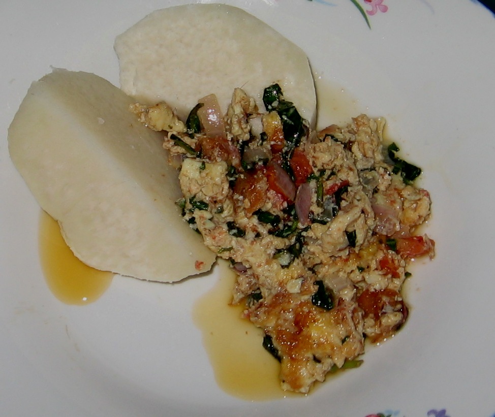 Boiled Plantain With Mint Leaves In Tomato Egg Sauce