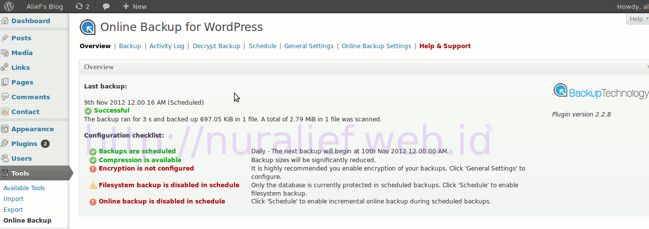 Online backup for wordpress UI