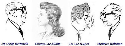 Caricaturas de Dr. Ossip Bernstein, Claude Hugot y Maurice Raizman, y dibujo de Chantal de Silans