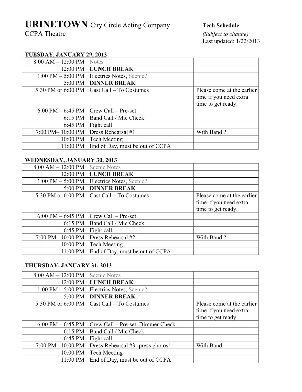 Rehearsal Report TECH SCHEDULE