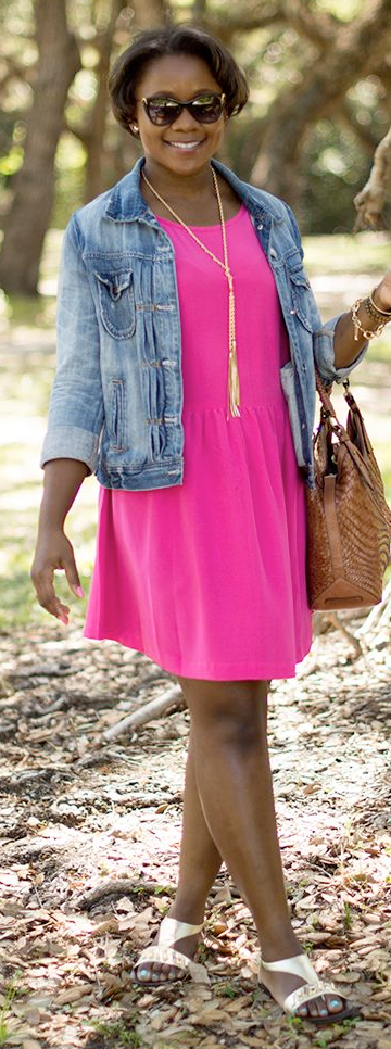pink dress with jean jacket