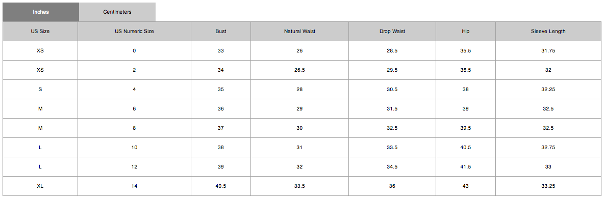 Tahari Dress Size Chart