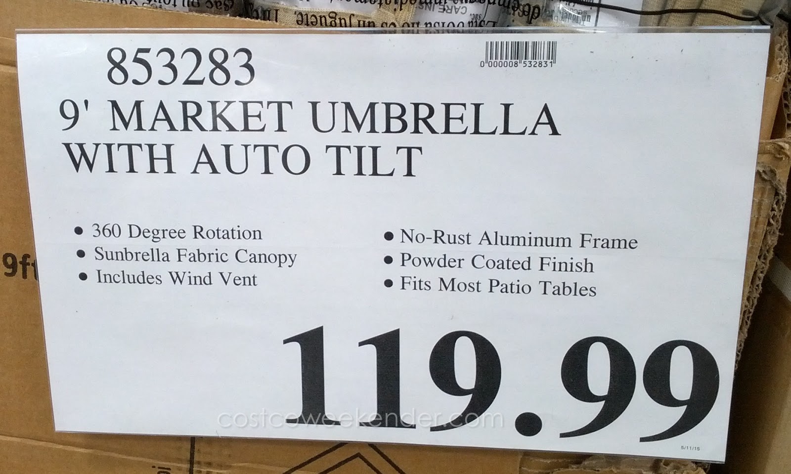Sunbrella 9foot Aluminum Patio Umbrella with Auto Tilt Costco Weekender