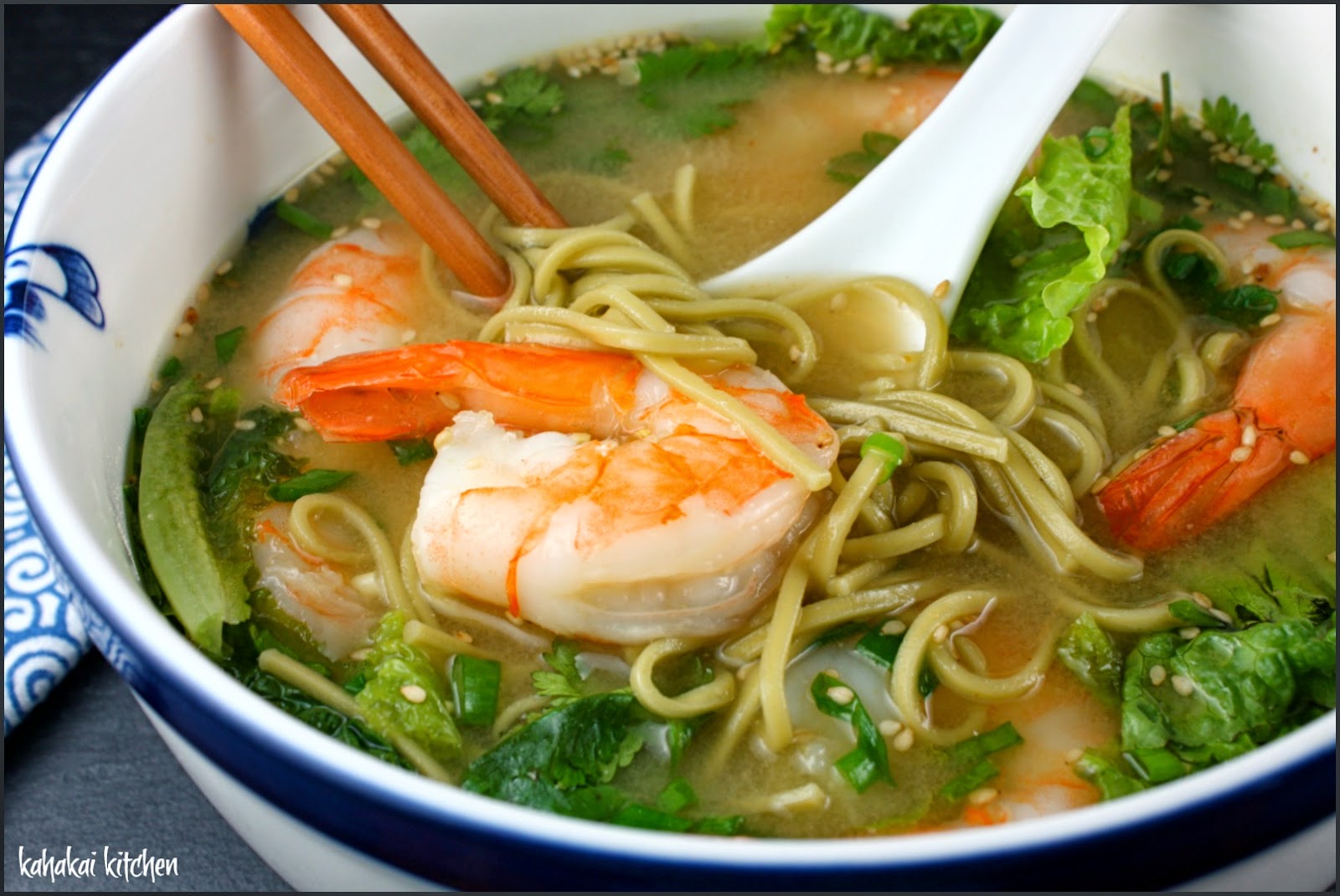 Kahakai Kitchen Miso Soup with Prawns and Green Tea Noodles for Souper
