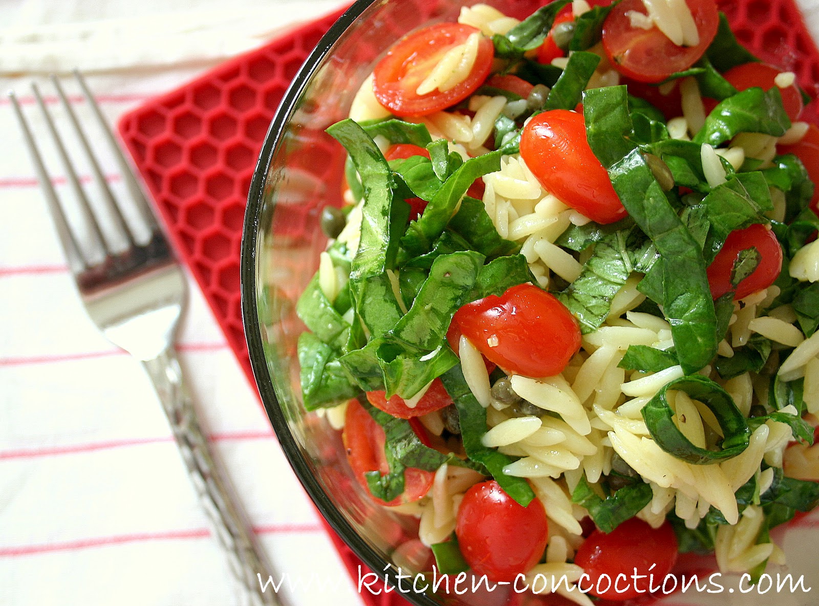 Tomato Basil Orzo Salad with Lemon Garlic Vinaigrette Kitchen Concoctions