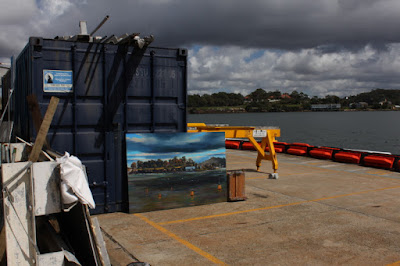 plein air oil painting of Goat Island from Moore's Wharf by artist Jane Bennett