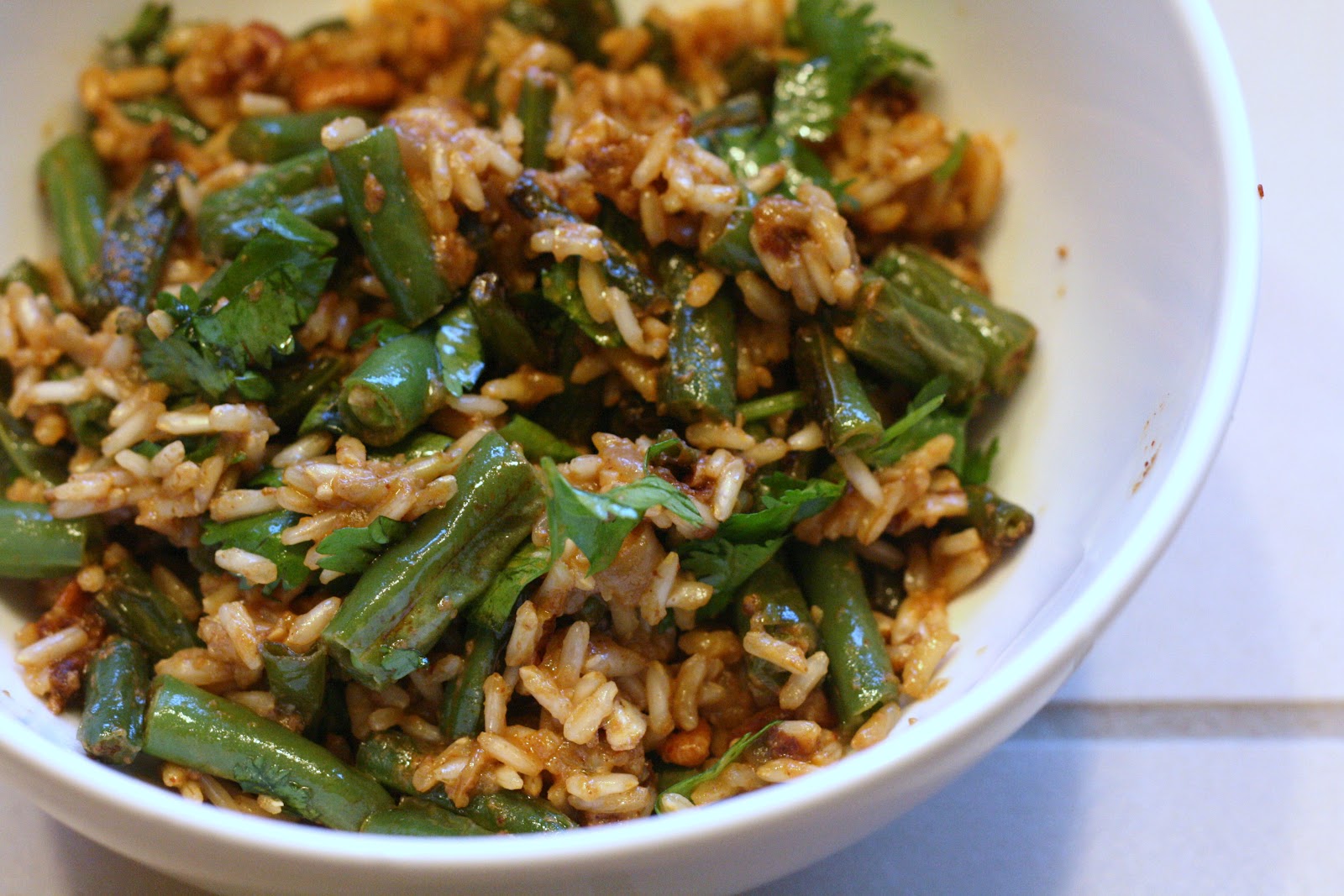 Laine's Recipe Box Chile Rice with Green Beans and Toasted Pecans