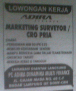 Lowongan Marketing Surveyor / CRO Pria PT Adira Dinamika Multi Finance