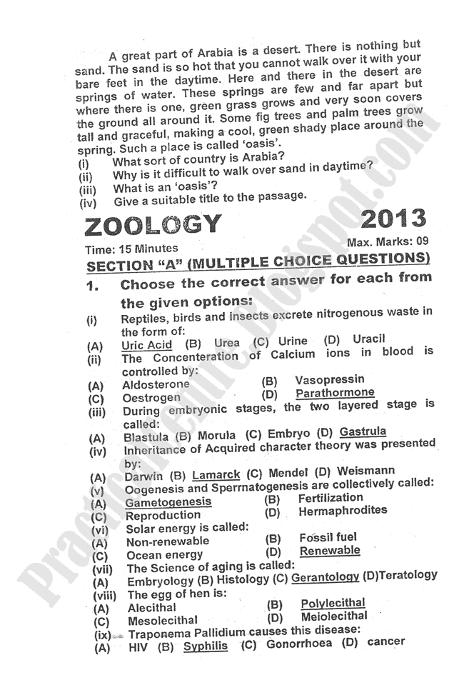 Zoology-2013-five-year-paper-class-XII
