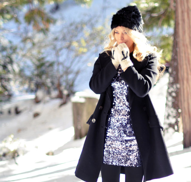 sequin party dress in the snow
