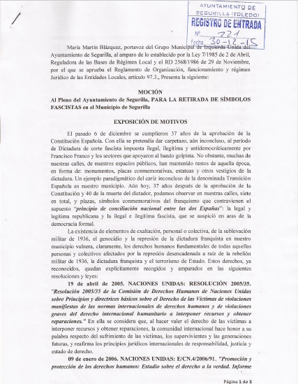 Moción IU Segurilla para el cumplimiento de la Ley de Memoria Histórica