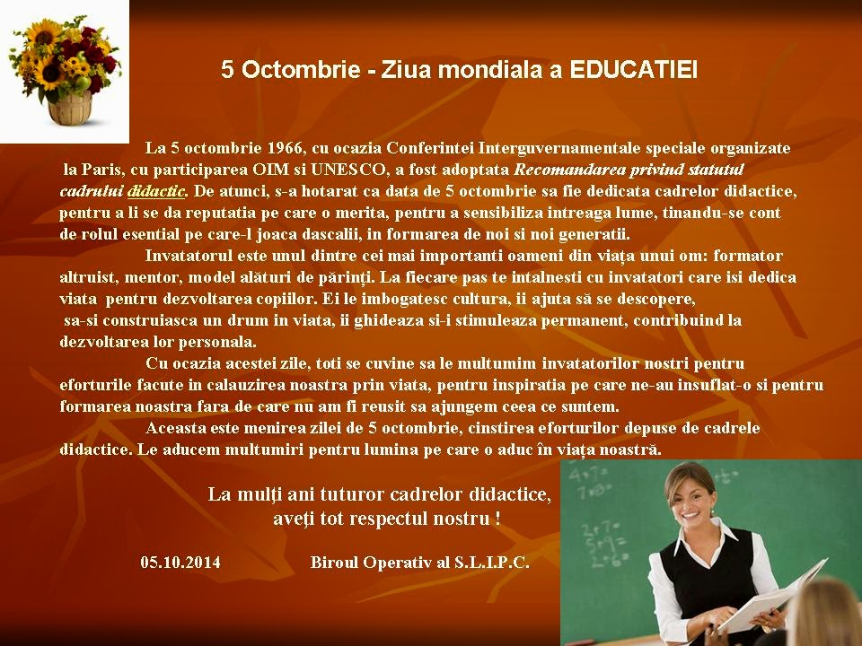 Sindicatul Liber Al Invățămantului Preuniversitar Clujean 5 Octombrie Ziua Mondiala A Educatiei