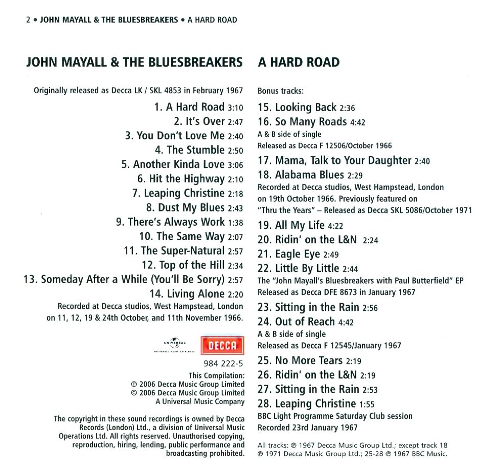 John Mayall & The Bluesbreakers A Hard Road WORLD OF HARMONICA