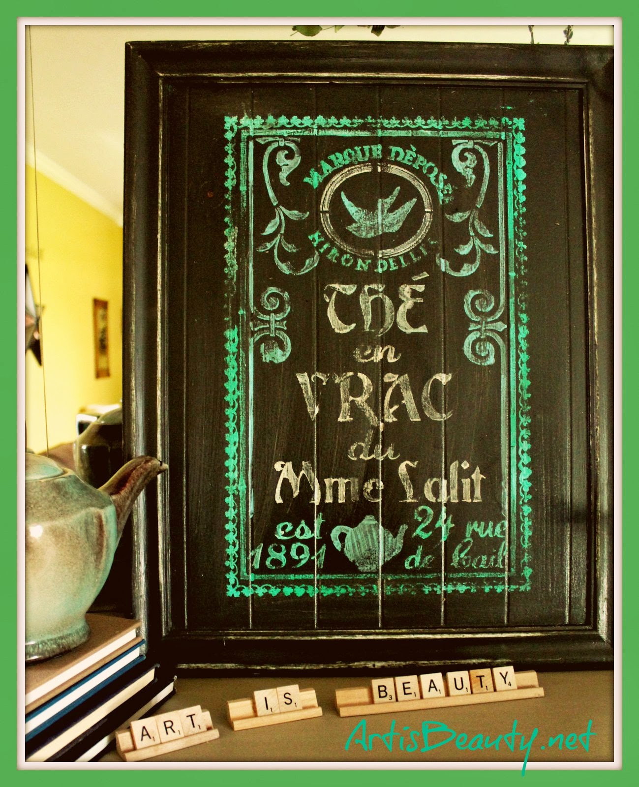 ART IS BEAUTY Vintage Tea Label Cupboard Art and Maison de Stencils