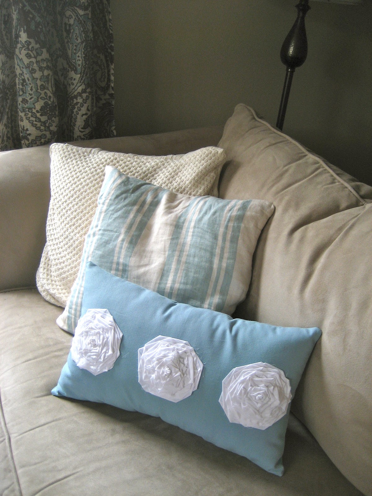 GraceAdkinsDesigns Light Blue Lumbar Pillow with Three White Muslin