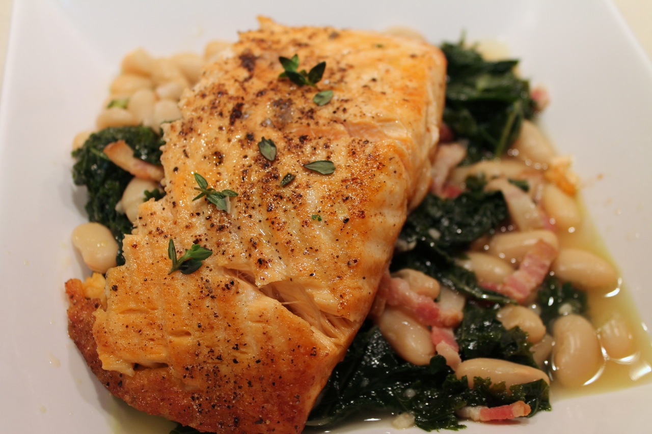Cook In / Dine Out Broiled Salmon with White Bean, Kale and Bacon Ragoût
