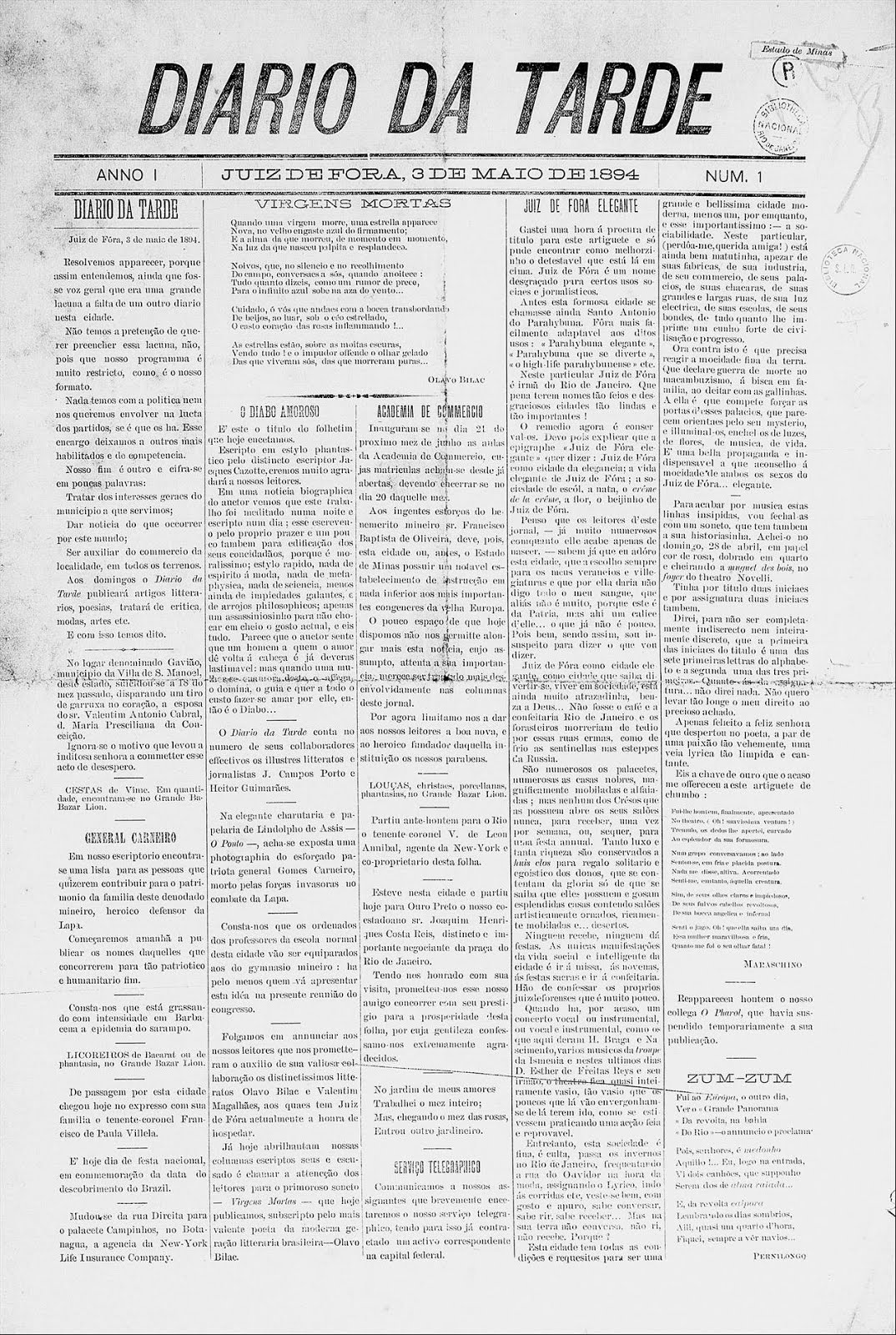 Jornal DIÁRIO DA TARDE de 1894