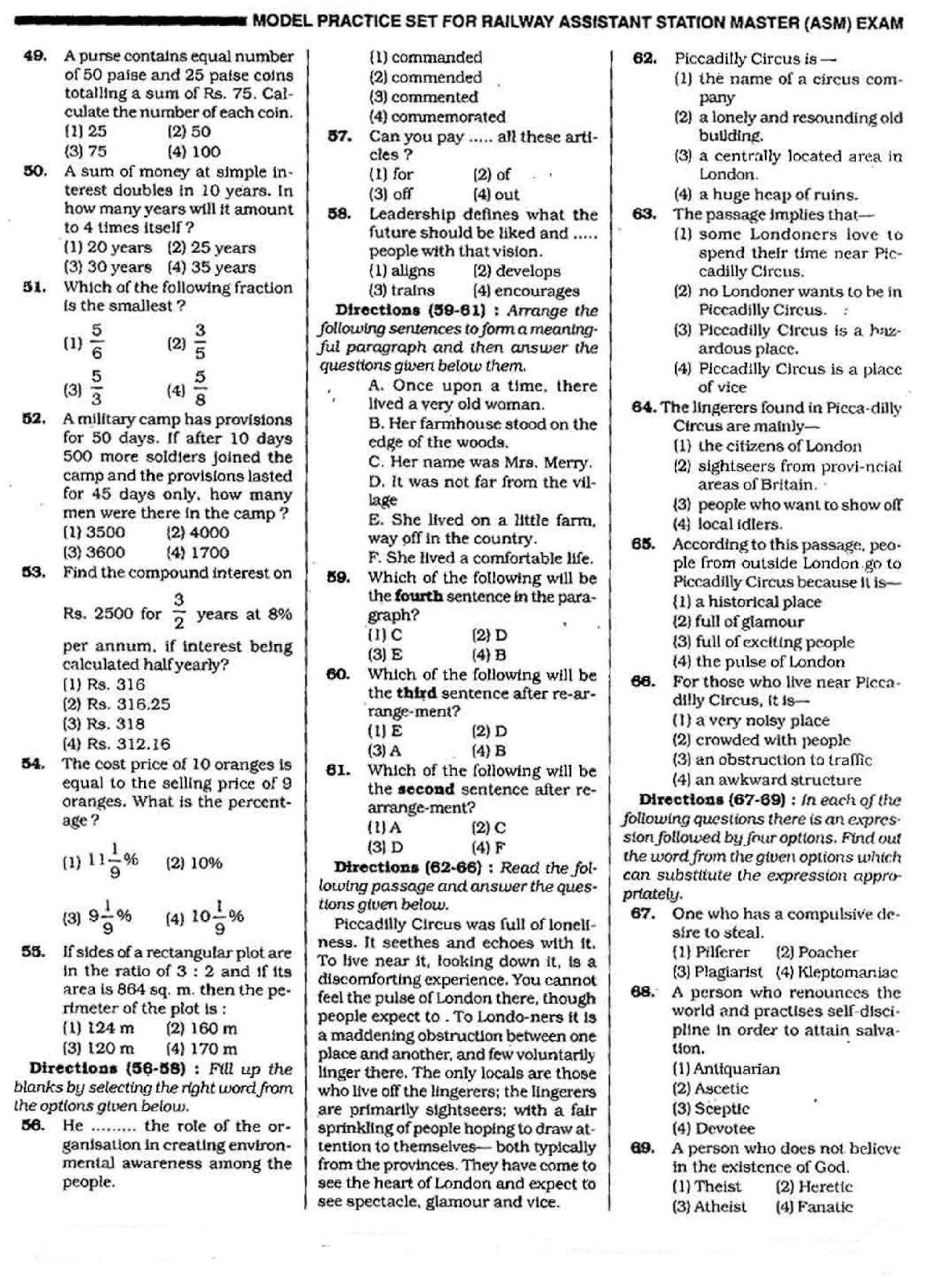 Questions paper Railway Assistant Station master BANK EXAM NOTES