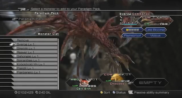 Final Fantasy XIII-2 Master of Monsters Video Game Trailer use gran pulse and cocoon monsters in a party set to paradigm shifts