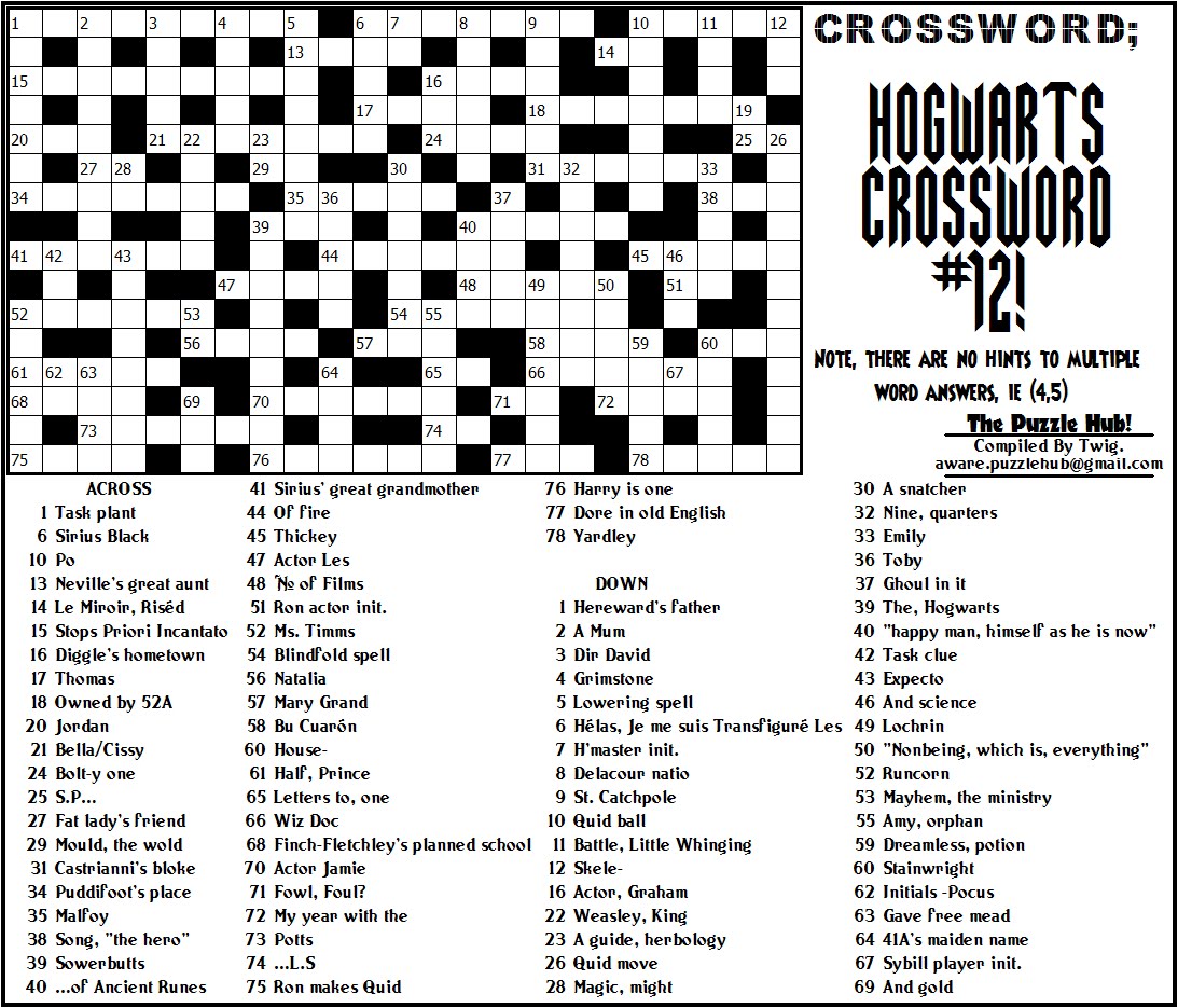 The Puzzle Hub Crossword; Hogwarts Crossword 12! Final Edition!