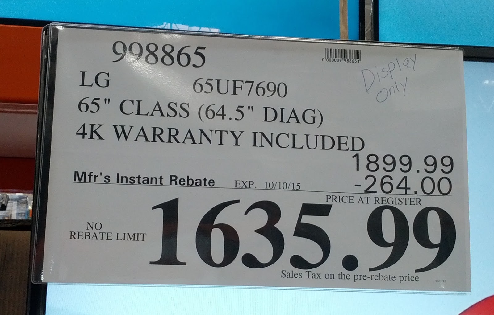 LG 65UF7690 65" UHD LED TV Costco Weekender