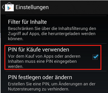 Auswahl: die PIN fuer Kaeufe zur Verwendung benutzen.