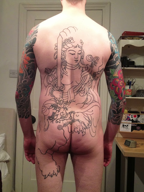 Monju Bosatsu with foo dog Japanese back piece outline tattoo by Diego Azaldegui