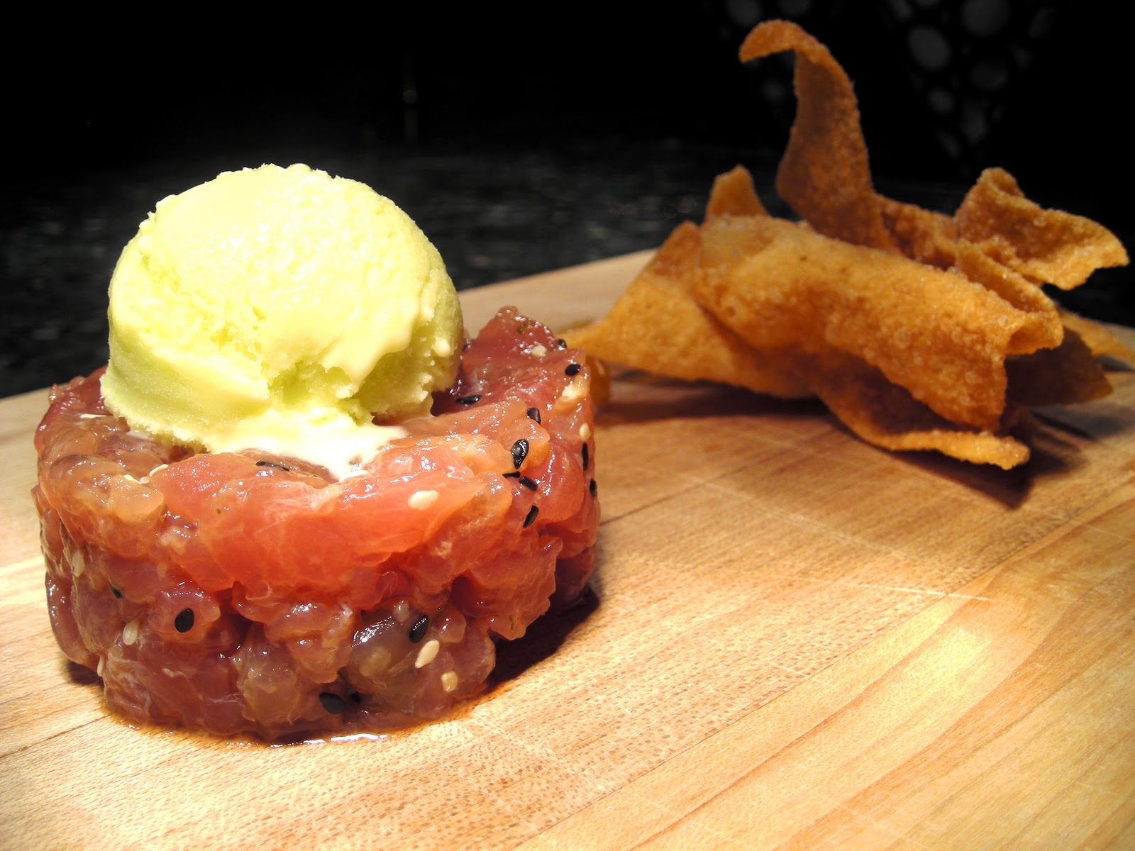 Ahi Tuna Tartare, Yuzu Dressing, Wasabi Ice Cream, Won Ton Chips The