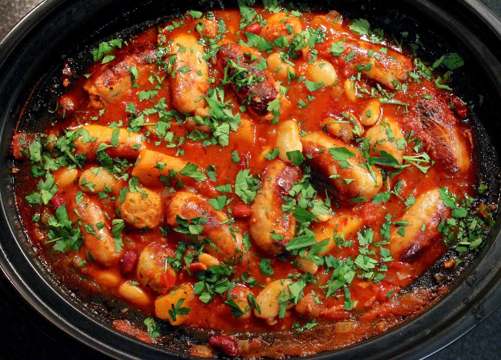 Gluten Free Alchemist Sausage, Apple & Bean Casserole slow cooked