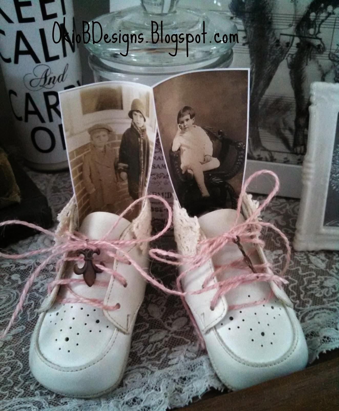 Vintage Baby Shoes, Apothecary Jar Okio B Designs