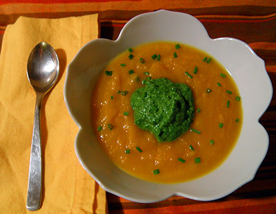 Carrot Soup with Cilantro Pesto and Scattered Chive Garnish