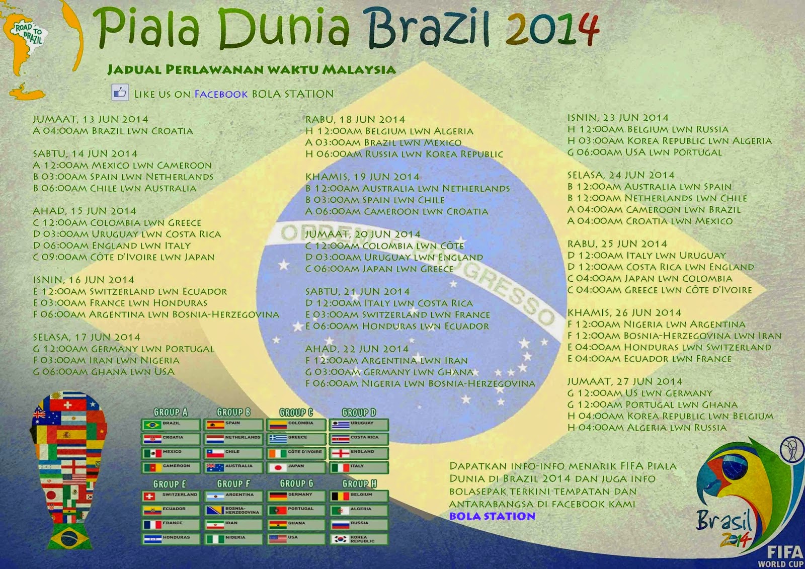 Jadual Perlawanan Bola Sepak Piala Dunia 2014 Waktu Malaysia | World
