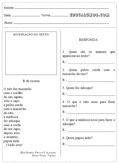 Atividades de interpretação de texto com o tema: R de receita
