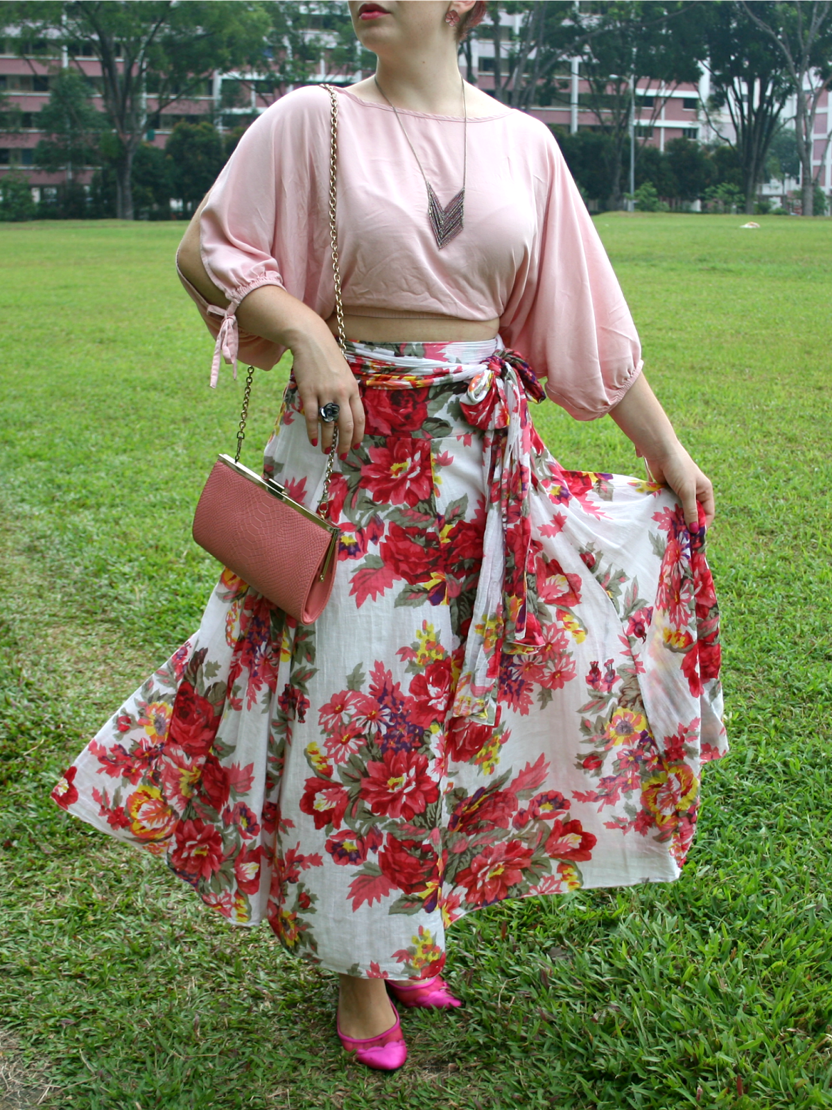 Pink Crop Top & Floral Maxi Skirt The Belted Pear