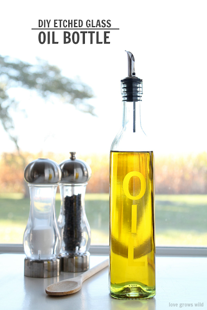 Learn how to create a gorgeous Etched Glass Oil Bottle for your kitchen! at LoveGrowsWild.com #diy #kitchen