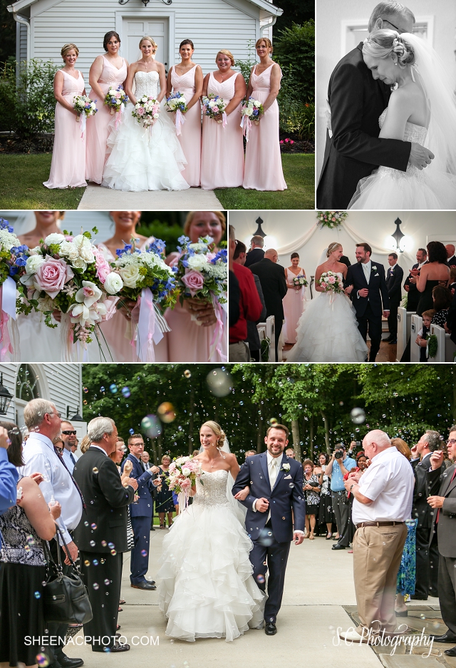 bride and groom exit bubbles photos, niles morries estate chapel, pink bridemaid dresses, father daughter fist look, german wedding english