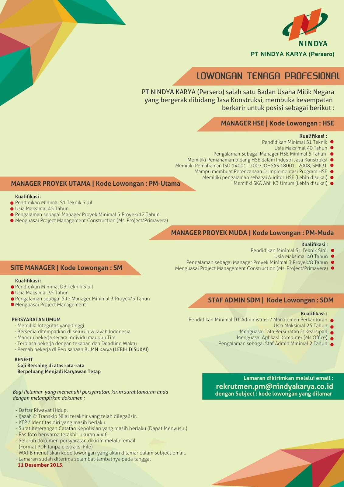Lowongan Kerja Pt Nindya Karya Persero November 2015 Lowker Nasional