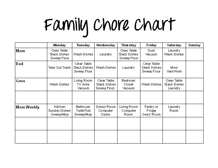 Printable Family Chore Chart