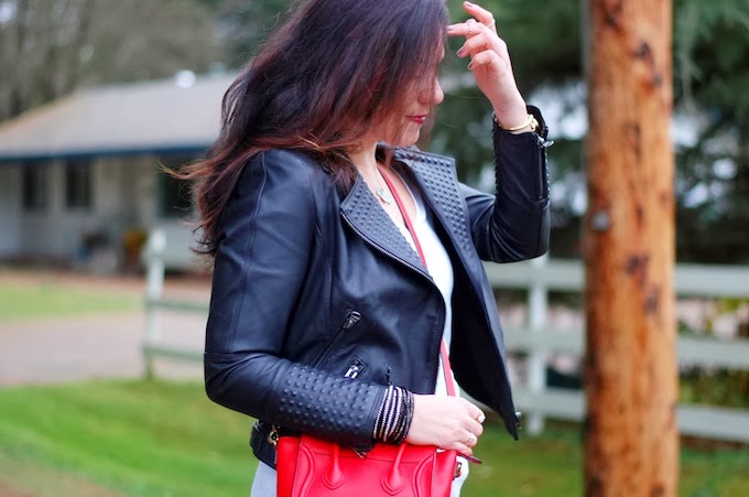 Zara studded leather jacket and Celine Nano
