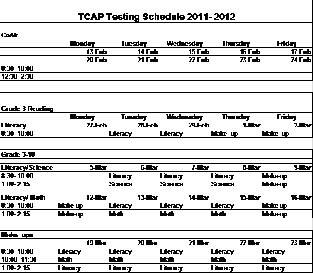 Pikes Peak Prep TCAP Testing Schedule