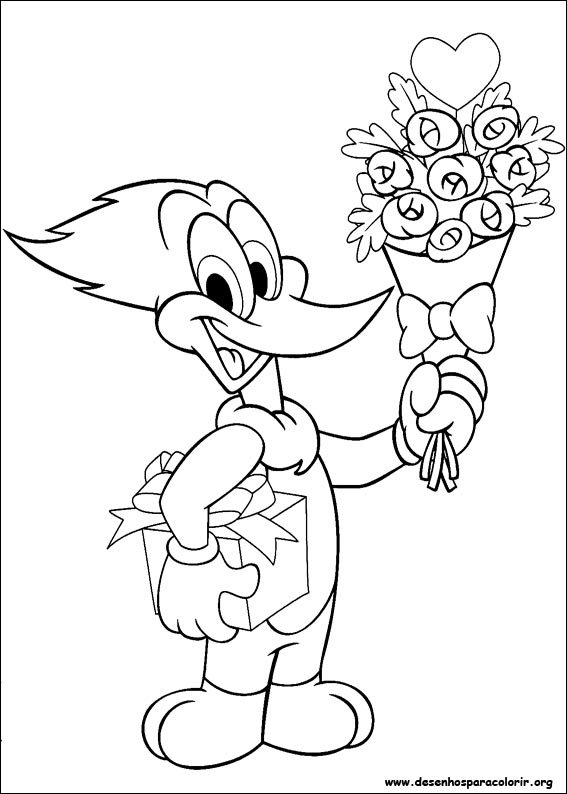 desenhos para colorir pica pau romantico segurando flores